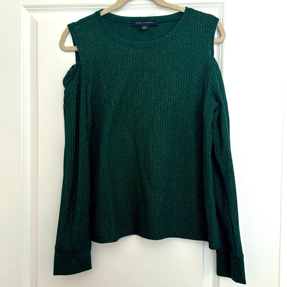 Tommy Hilfiger Cold Shoulder Green and Gold shimmer Sweater